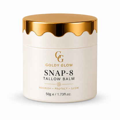 Goldy Glow SNAP-8 Tallow Balm 50g – Australian-made grass-fed beef tallow moisturiser with SNAP-8 peptide, Raw Manuka Honey and botanical oils.