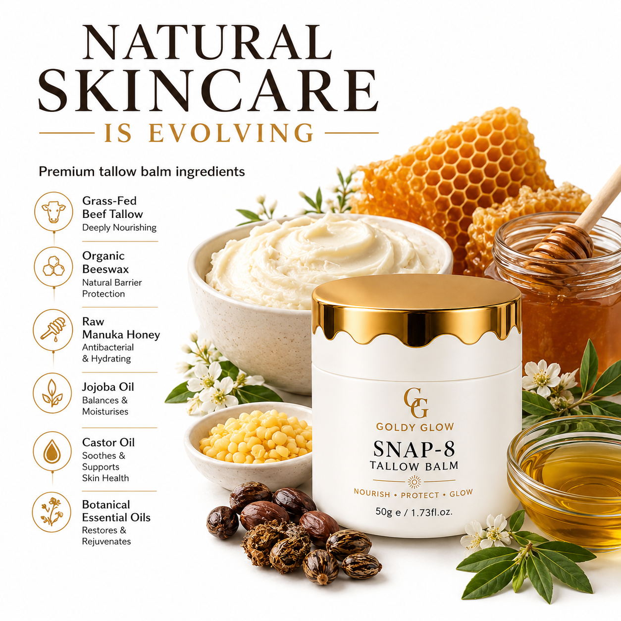Key ingredients in Goldy Glow SNAP-8 Tallow Balm including grass-fed beef tallow, SNAP-8 peptide, Raw Manuka Honey, organic beeswax and botanical oils.