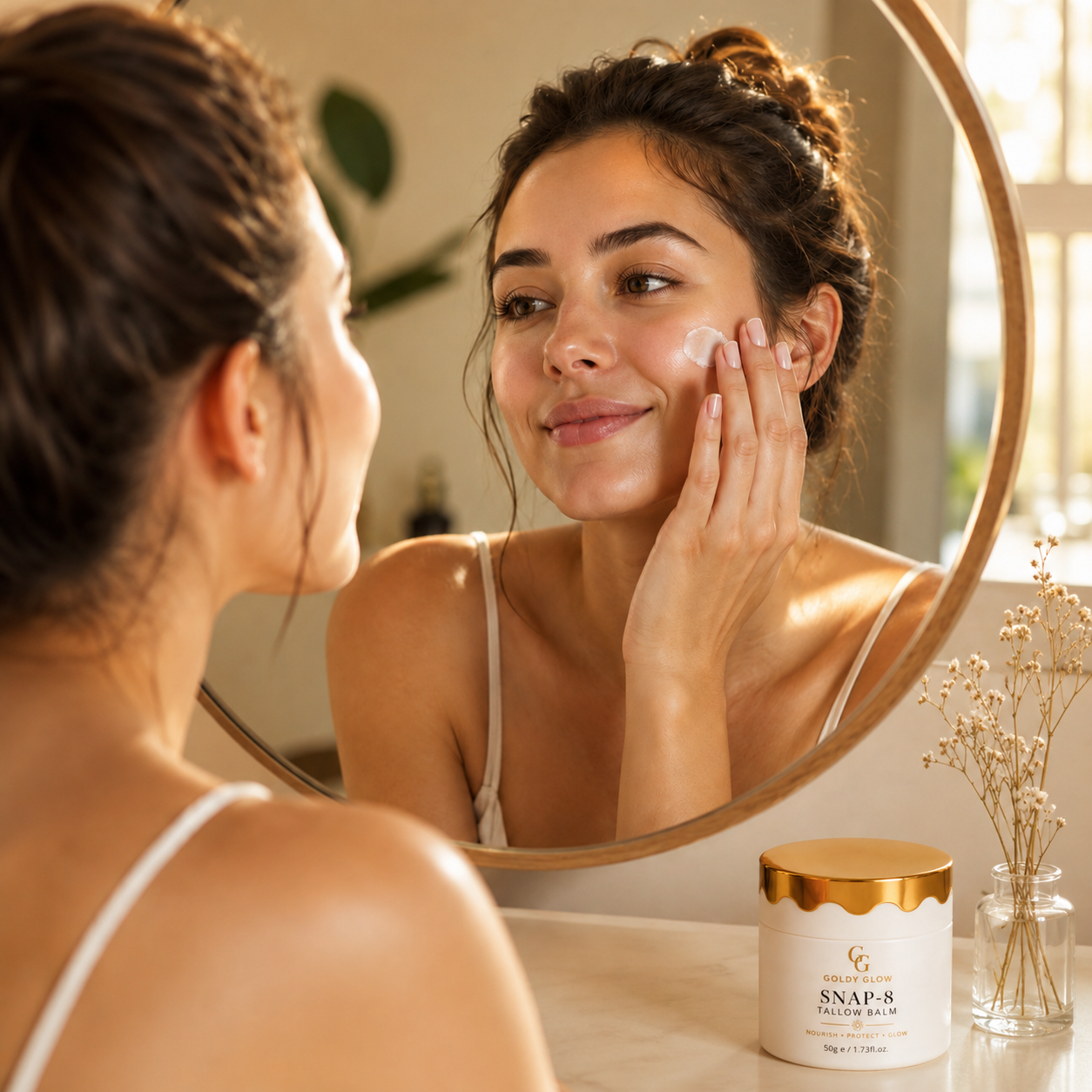 Woman applying Goldy Glow SNAP-8 Tallow Balm in front of a mirror as part of her daily skincare routine.